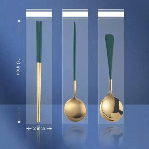 Three kitchen utensils with gold and green handles displayed in clear packaging.