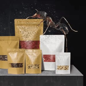Multiple packaging bags containing dried ingredients with an ant on one of the bags.